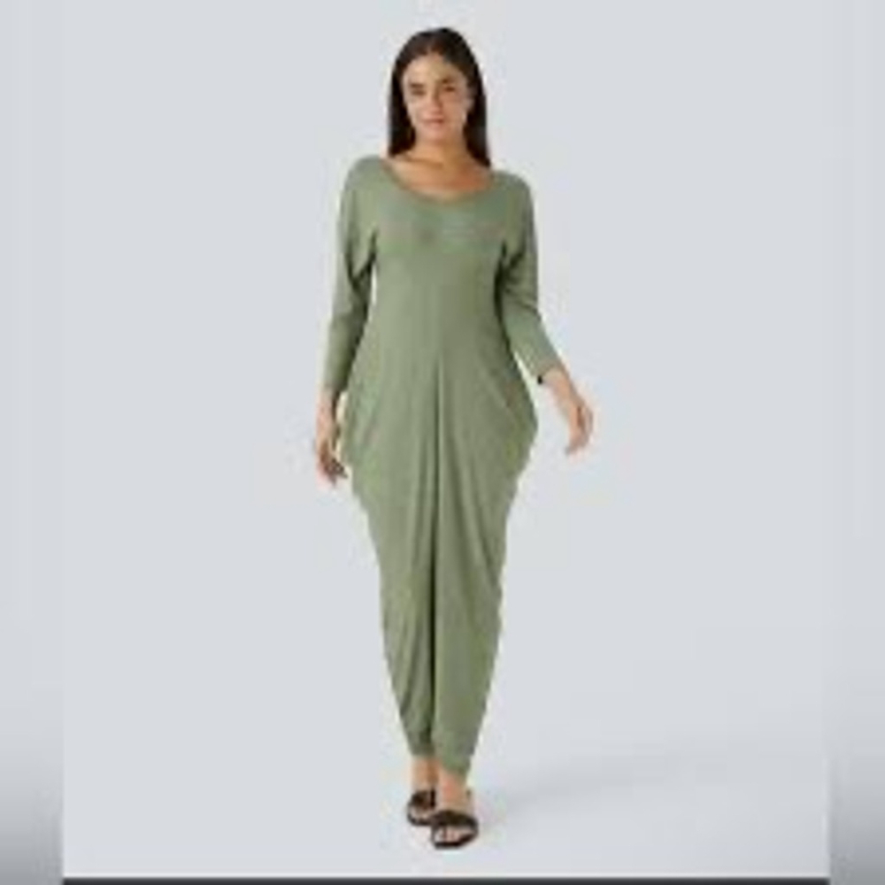 Halara Round Neck Open V Long Sleeve Stacked Casual Jumpsuit XL Athleisure New w